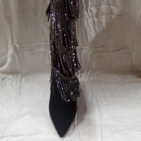 INC Womens Black Metallic Fringed Shynf Pointed Toe Stiletto Knee-Hi Dress Boot - Picture 3 of 7